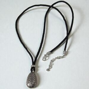 Brighton Neema Braided Leather Cord Oval Pendant Necklace Silver Retired 32-34"